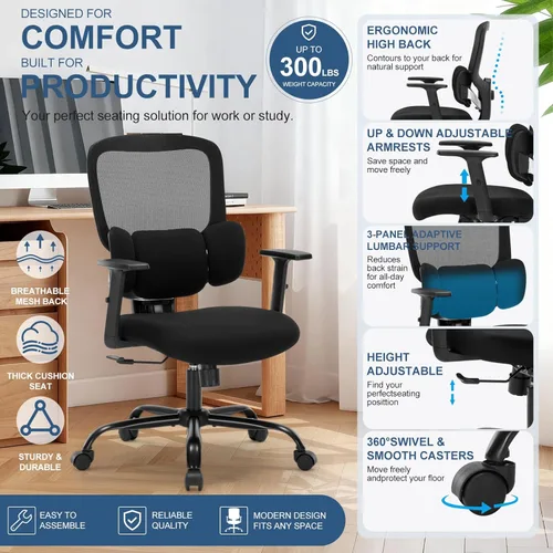Miniatura 3 de Silla de oficina ergonómica grande y alta, silla de escritorio de malla para computadora con soporte lumbar ajustable y respaldo alto, capacidad