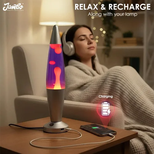 Miniatura 8 de JAMBO Hermosa lámpara de movimiento líquido de 16 pulgadas con USB, color morado con cera amarilla/naranja para adultos, adolescentes y niños