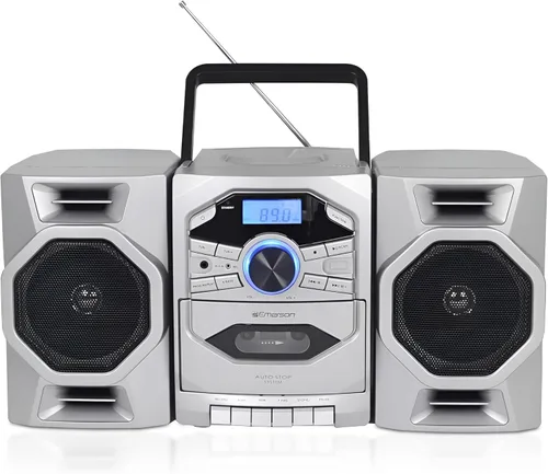 Miniatura 12 de Emerson Reproductor de CD portátil Boombox con reproductor de cassette, grabadora de cinta, radio AM/FM, entrada AUX, altavoces desmontables