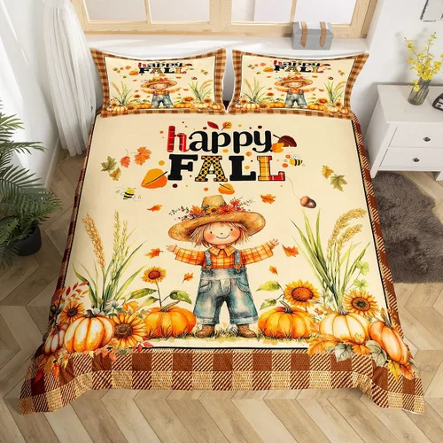 Miniatura 19 de Erosebridal Juego de funda de edredón individual de pavo de Acción de Gracias, juego de ropa de cama de calabaza y hojas de otoño para niños