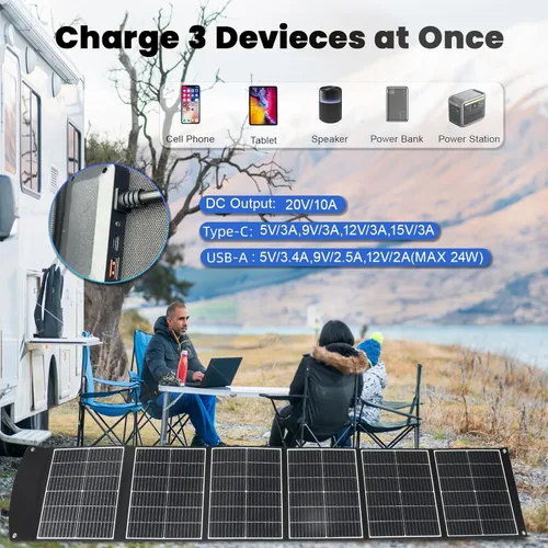 Miniatura 3 de Panel solar portátil de 200 vatios, cargador de panel solar plegable con patas de apoyo, QC3.0 USB-A USB-C y salida MC4 para teléfono/banco