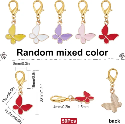 Miniatura 2 de SUNNYCLUE 1 caja de 50 marcadores de puntada de ganchillo marcadores de punto esmaltado mariposa encantos clip en cierre de langosta extraíble 50