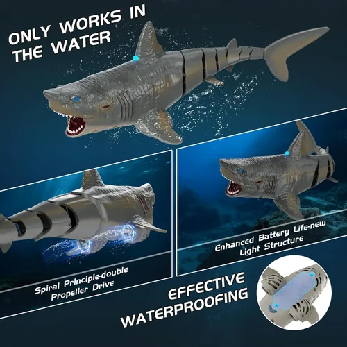 Miniatura 3 de Juguetes de agua de tiburón a control remoto para piscina, juguetes de verano para niños, megalodón de natación realista recargable con luz, regalo
