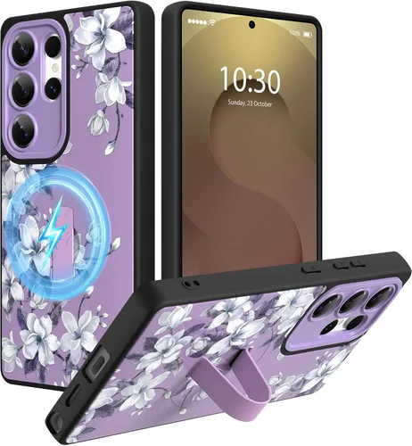 Miniatura 75 de Funda magnética compatible con Samsung Galaxy S25 Ultra para mujeres y hombres, estética flor de durazno, correa de muñeca ajustable incorporada