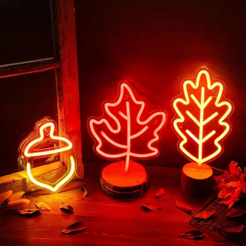 Miniatura 3 de ROCEEI 3 piezas de letrero de neón de Acción de Gracias 2026, luces de ventana de otoño, decoración de otoño, hojas de arce, bellota, luces LED