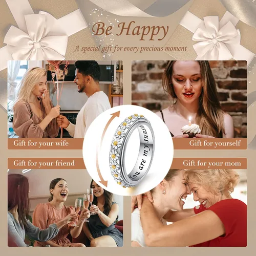 Miniatura 4 de Anillo giratorio para aliviar la ansiedad con margaritas You Are My Sunshine Flower Fidget Ring de plata esterlina TDAH para aliviar el estrés