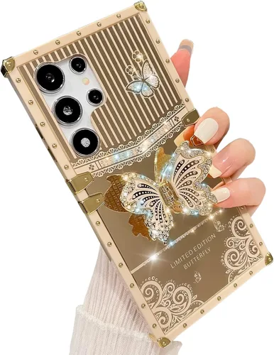Miniatura 73 de Bonita funda compatible con Samsung Galaxy S22 Ultra, soporte plegable de lujo con diseño de mariposa brillante para mujeres y niñas, funda Blanco