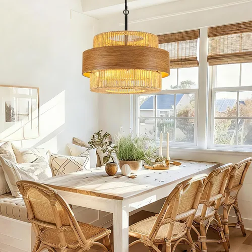 Miniatura 5 de Lámpara de araña tejida a mano con 5 luces, estilo bohemio, de tambor de ratán, de 19.68 pulgadas, grande, redonda, rústica, costera, para casa