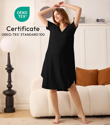 Miniatura 2 de NACHILA Camisones para mujer, viscosa hecha de bambú, cuello en V, manga corta, ropa de dormir fresca