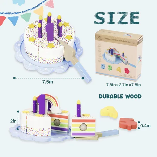Miniatura 2 de Comida de Juego de Simulación para Niños Pequeños de 2-5, Pastel Falso de Cumpleaños de Madera con Velas y Números, Juguetes de Regalo de Cocina