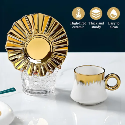 Miniatura 4 de Juego de 6 tazas de café turco de cerámica de 3.5 onzas, tazas y platillos de porcelana para capuchino italiano británico con ribete dorado