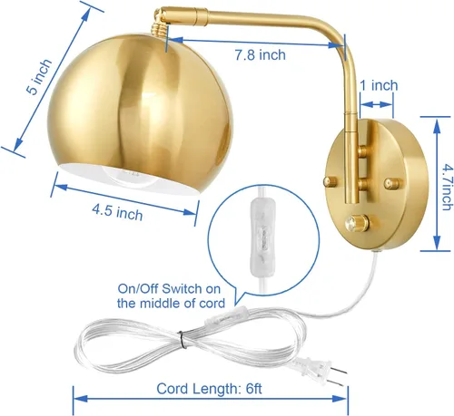 Miniatura 5 de Apliques de pared VATONI enchufables, apliques de pared regulables con brazo oscilante con cable de enchufe y interruptor de regulación con botón