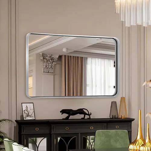 Miniatura 9 de ANDY STAR Espejos de baño cromados de 48 x 30 pulgadas, espejo de tocador cromado pulido, espejo rectangular redondeado para pared, marco de metal