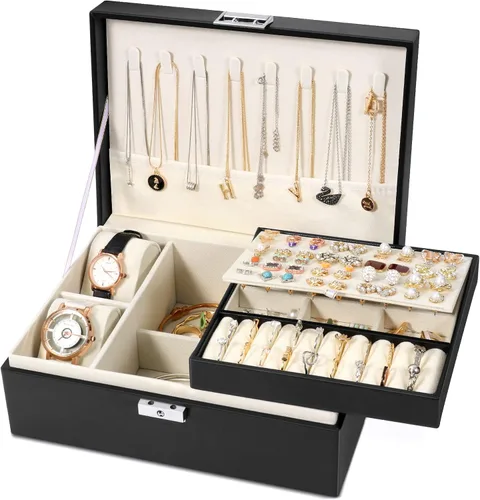 SIMBOOM Joyero para mujeres y niñas, organizador de joyas de 2 capas con cerradura, estuche de almacenamiento de joyas con bandeja extraíble,