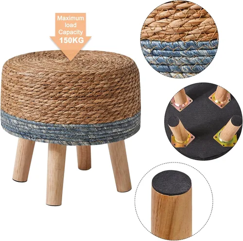 Miniatura 8 de YMYNY Taburete para pies, tejido de mano natural de algas marinas, 12.6 pulgadas, natural+azul HBD027Q Otomana pequeña, reposapiés redondo, patas