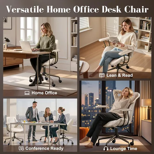 Miniatura 8 de Silla ergonómica de escritorio de oficina en casa, silla giratoria de 360° con reposabrazos extraíbles, silla moderna de mediados de siglo para Beige