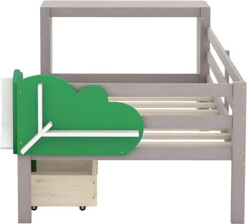 Miniatura 9 de Anwick Base de cama individual con escritorio y nido, sofá cama de madera con escritorio y estantes en forma de árbol verde, cama de plataforma
