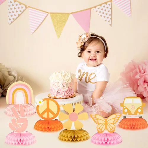 Miniatura 4 de 9 piezas Groovy Hippie Boho Party Honeycomb Centers Retro Boho Rainbow Daisy Flower Butterfly Peace Theme Decoración de fiesta de cumpleaños