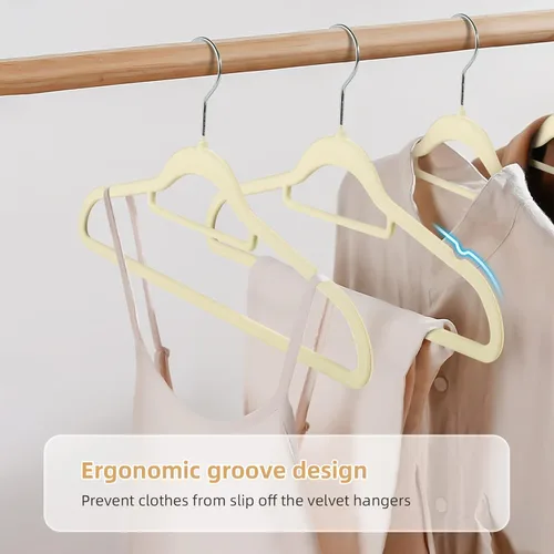 Miniatura 3 de Paquete de 20 perchas de terciopelo antideslizantes con gancho giratorio de 360°, perchas de ropa beige que ahorran espacio, resistentes para adultos