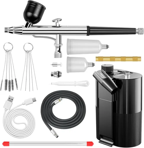 Kit de Aerógrafo con Compresor, Juego de Aerógrafo de Alta Presión Sin Obstrucciones, Pistola de Aerógrafo Inalámbrica Recargable para Pintura, Arte