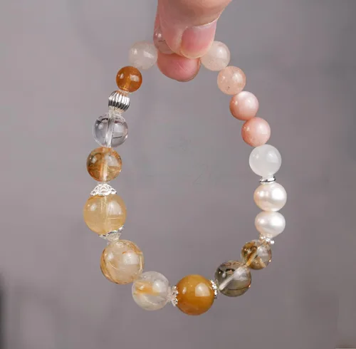 Miniatura 53 de Precious Gemstone Natural Crystal Healing Bracelet, Rutilated Quartz, Moonstone, Quartz Handmade Original Design Bracelet