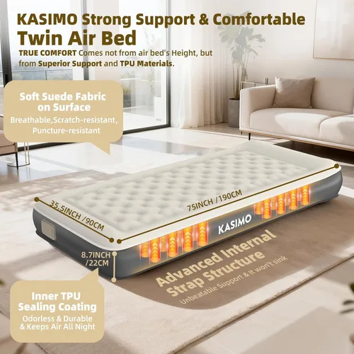 Miniatura 5 de KASIMO Colchón de aire tamaño individual con bomba extraíble de batería integrada, colchón inflable de TPU con almohada, fuerte apoyo toda la noche