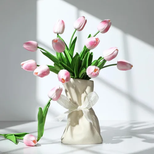 Miniatura 3 de 30 tulipanes artificiales de poliuretano, tulipanes falsos de tacto real rosa para el día de San Valentín, primavera, Pascua, hogar, cocina