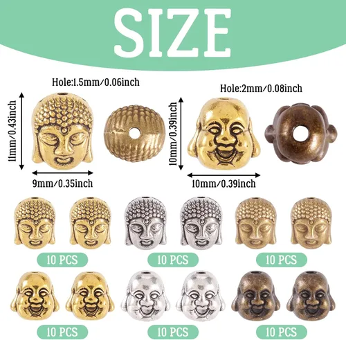 Miniatura 3 de Craftdady 60 cuentas espaciadoras de cabeza de Buda tibetano, 3 colores, cuentas de metal espiritual budista de 10-11x9-0.394 in de doble cara