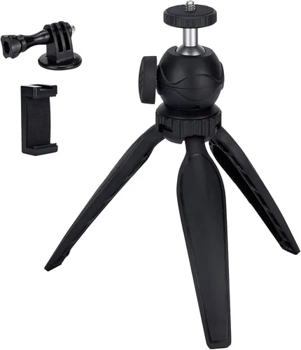 Mini trípode para cámara con soporte para teléfono y soporte GoPro, cabezal de bola 360, negro, compatible con DSLR, GoPro, Smartphone, Webcam