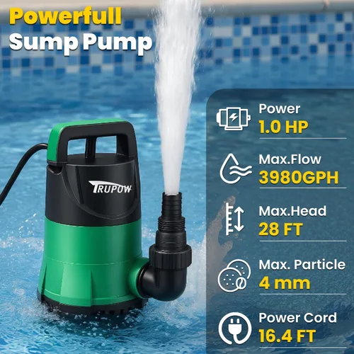 Miniatura 2 de TRUPOW Bomba de sumidero de 1 HP Bomba de agua sumergible 3981 GPH Bomba eléctrica termoplástica portátil para piscina, jardín, sótano, tina