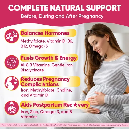 Miniatura 4 de Vitaminas prenatales para mujeres, gomitas de metilfolato, 1 mg, Omega 3 DHA vegano de 800 mg, hierro, colina, yodo, vitamina D3 B6 B12