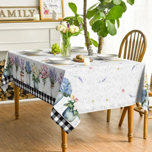 Miniatura 3 de Horaldaily Mantel de primavera y verano de 60 x 84 pulgadas, florero floral de Pascua con tulipán lavanda y hortensias para decoración de fiestas