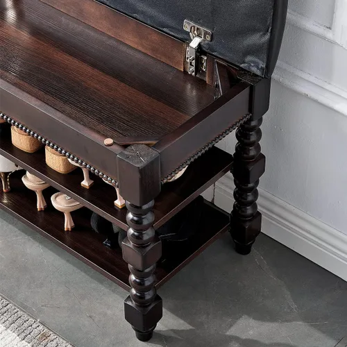 Miniatura 7 de LKZ Banco de almacenamiento de zapatos, banco de zapatos de madera maciza con asiento acolchado de cuero de microfibra para pasillo, entrada, sala