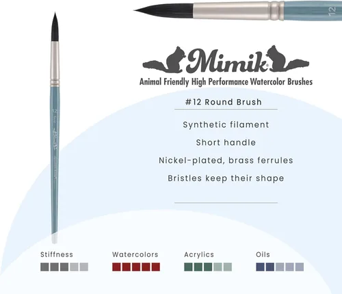 Miniatura 2 de Mimik - Pinceles de acuarela profesionales, redondos # 12, pelo sintético de ardilla, pinceles de cerdas naturales para acuarelas, gouache