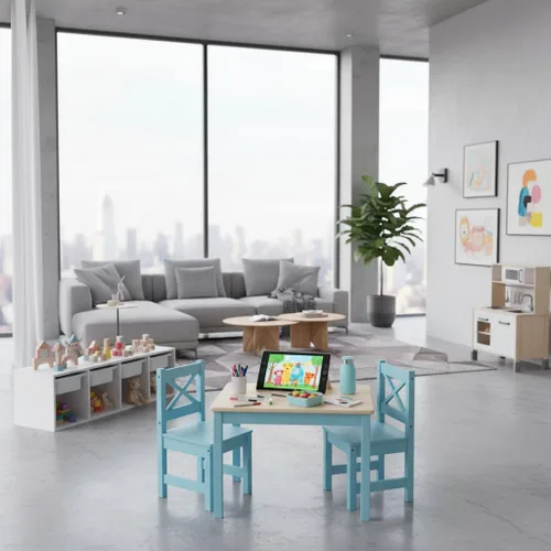 Miniatura 4 de PETIT BATEAU Juego de mesa y 2 sillas de madera maciza para niños, diseño irlandés Montessori Modern AMMEHOELA para niños de 2 a 8 años, azul