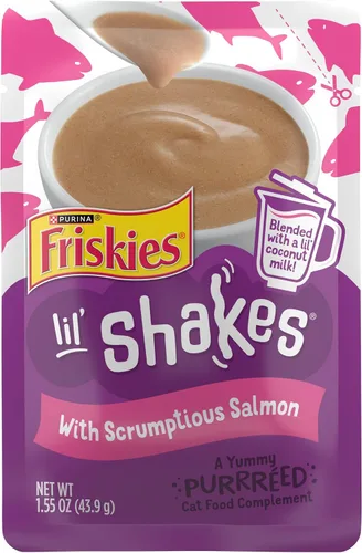 Purina Friskies Complemento de Comida para Gatos en Puré, Lil' Shakes con Delicioso Salmón, Premios Lamibles para Gatos - (Paquete de 16) Bolsitas
