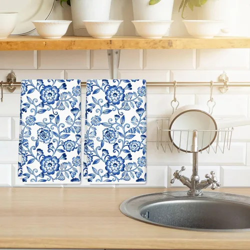 Miniatura 6 de JarThenaAMCS Toalla de cocina floral azul y blanco, estilo bohemio, vintage, de 18 x 28 pulgadas, secado a mano, para cocinar, hornear, limpiar, 2