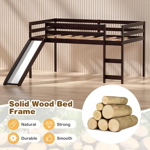 Miniatura 5 de Giantex Cama alta individual con tobogán, cama baja de madera para niños, escalera de escalada y espacio de almacenamiento, cama individual