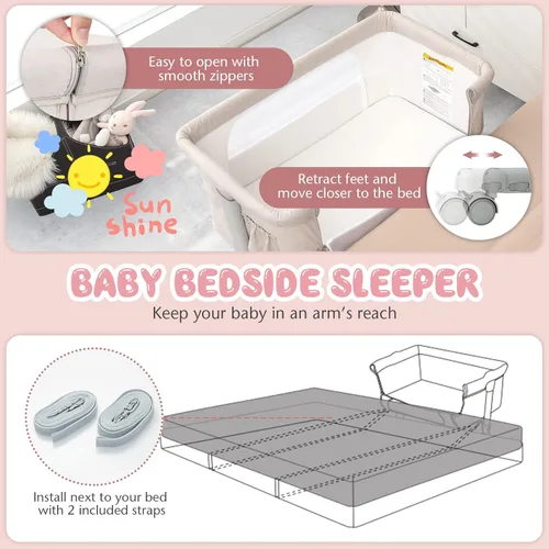 Miniatura 3 de BABY JOY Cuna plegable 3 en 1 con altura ajustable, colchón, ruedas bloqueables, bolsillo de almacenamiento y bolsa de transporte para recién Beige