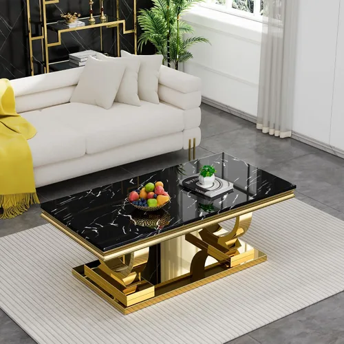 Miniatura 3 de Mesa de centro de mármol negro Henf de lujo, mesa auxiliar rectangular de mármol sintético de imitación con base de acero inoxidable dorado