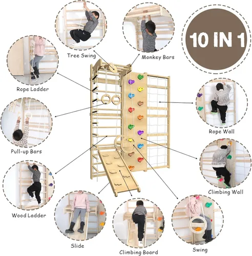 Miniatura 6 de Juego de escalera sueca 10 en 1 de tamaño extragrande mejorado de 94.5 pulgadas de altura, parque infantil en casa con columpio, escalera de cuerda