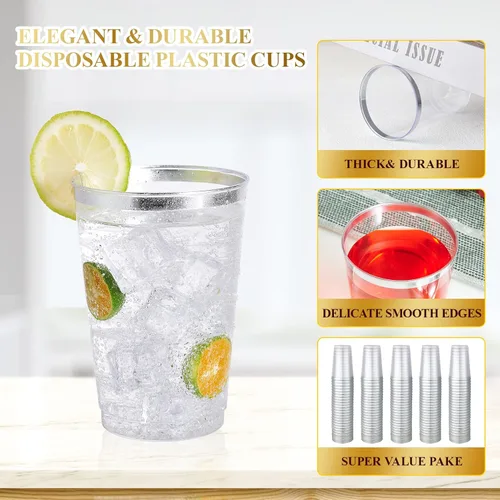 Miniatura 2 de Vplus Paquete de 150 vasos de plástico transparente reutilizables con borde plateado de 12 onzas, vasos desechables de plástico resistentes