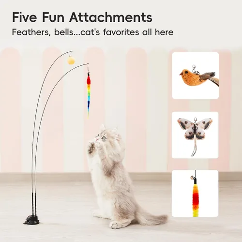 Miniatura 5 de Potaroma Juguete interactivo de varita para gatos con ventosa, doble varita para gatos de interior con 5 accesorios de bolas de plumas, base
