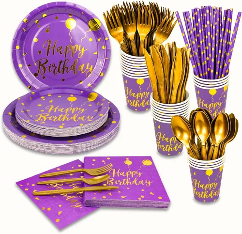 Miniatura 8 de Juego de vajilla desechable dorada de 175 piezas y vajilla desechable para fiesta de cumpleaños, platos de papel, servilletas, vasos, tenedores