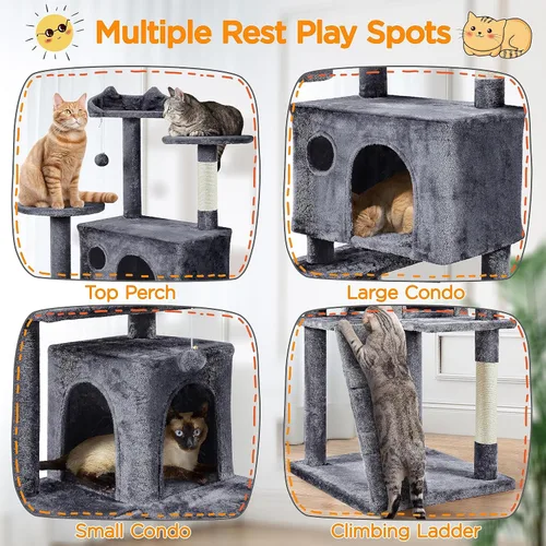 Miniatura 5 de Yaheetech Árbol para gatos XL, torre de varios niveles de 80 pulgadas con postes rascadores, cuevas dobles, plataformas encaramadas y bolas