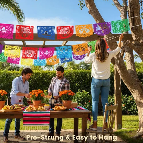Miniatura 5 de DomeStar Paquete de 3 Pancartas de Fiesta Mexicana, 54 Pies Papel Picado Guirnalda de Banner de Fiesta para Cinco de Mayo Día de los Muertos