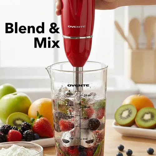 Miniatura 8 de OVENTE Juego de batidora de mano de inmersión, batidora de mano eléctrica de 300 W, 2 velocidades de mezcla con cuchillas de acero inoxidable, Rojo