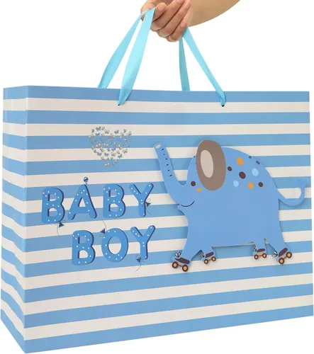 Miniatura 6 de Set de bolsa de regalo extra grande de 16.5” para bebé niño con asas, tarjeta de felicitación, papeles de seda azules y pegatinas para niños