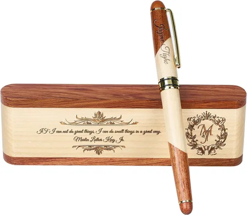 Juego de bolígrafos de madera grabados personalizados, bolígrafo ejecutivo y caja con personalización gratuita, bolígrafo con estuche para regalo (A)