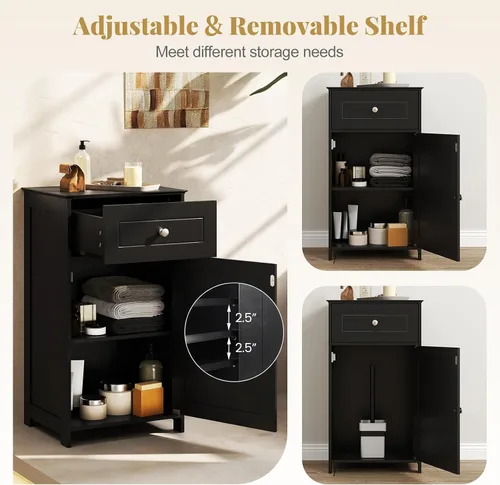 Miniatura 7 de Giantex Armario de almacenamiento de baño de piso, gabinete independiente con cajón, puerta, estante ajustable, dispositivo antivuelco, organizador